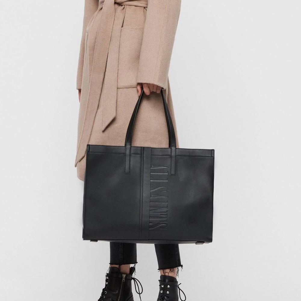 ALL SAINTS | Large East West Black Leather Tote Bag - Stud Logo